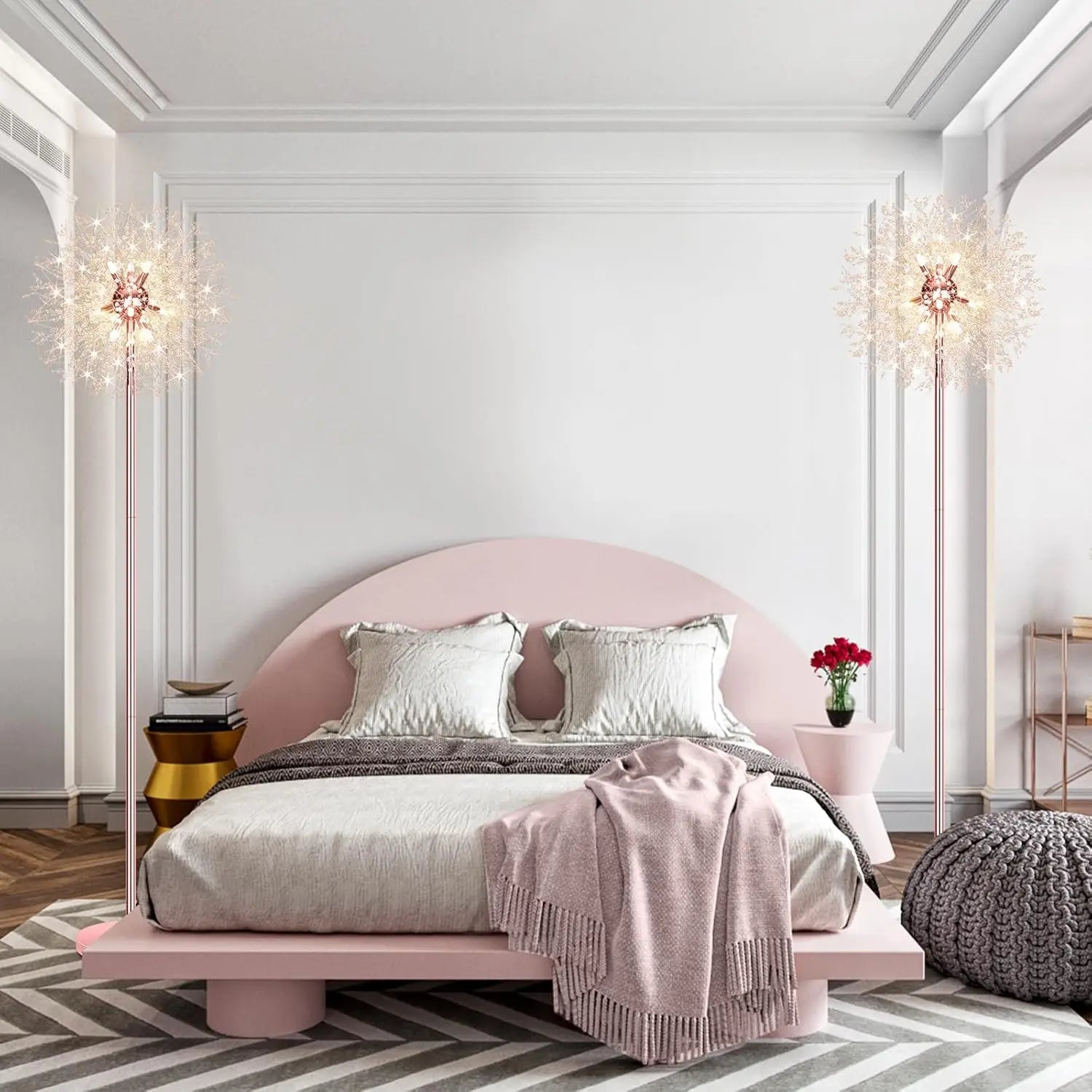 69'' Crystal Floor Lamp with 738 K9 Crystals, Modern Standing Light for Living Room, Rose Gold Finish, 9 LED Bulbs