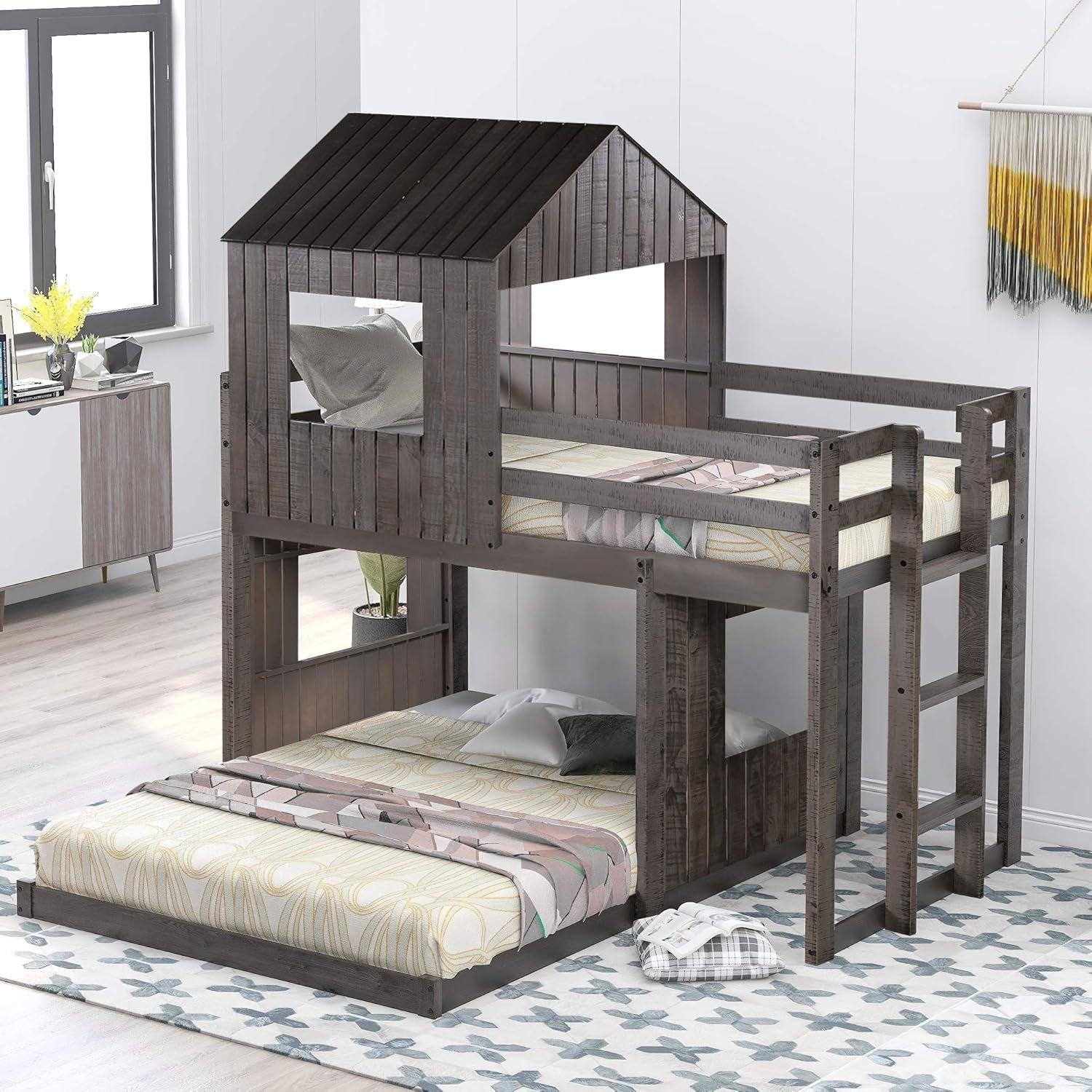House Bunk Beds Twin Over Full Wood Distressed Grey