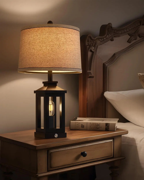 23.75" Vintage Farmhouse Black Table Lamp with Touch Control, USB C+A Ports, Dual Light for Bedroom Living Room