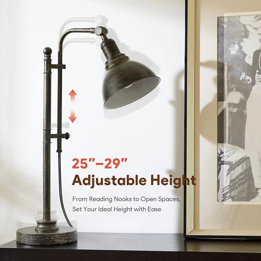 Adjustable Industrial Desk Lamp in Aged Bronze Finish, 25-29 Inch Height, ETL Certified Vintage Task Light