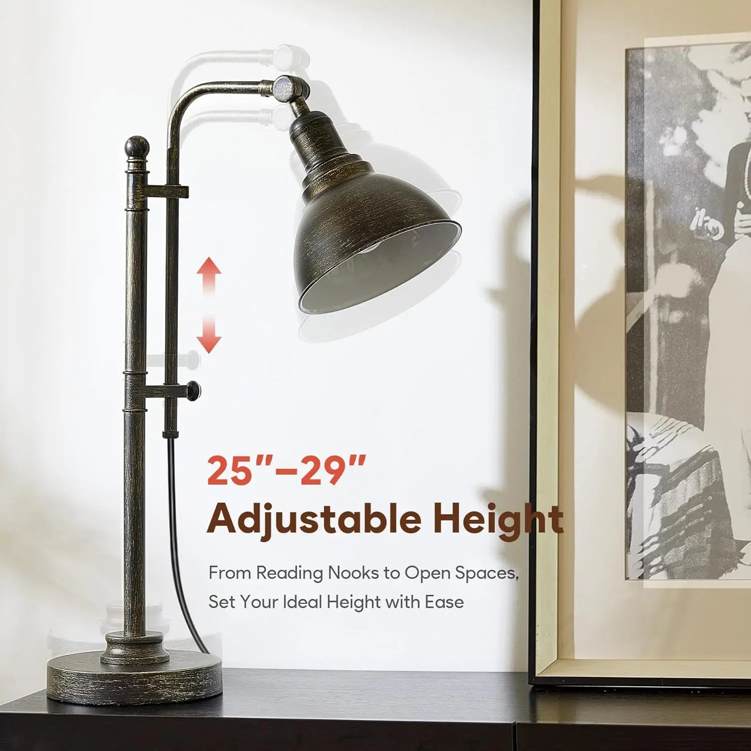 Adjustable Industrial Desk Lamp in Aged Bronze Finish, 25-29 Inch Height, ETL Certified Vintage Task Light