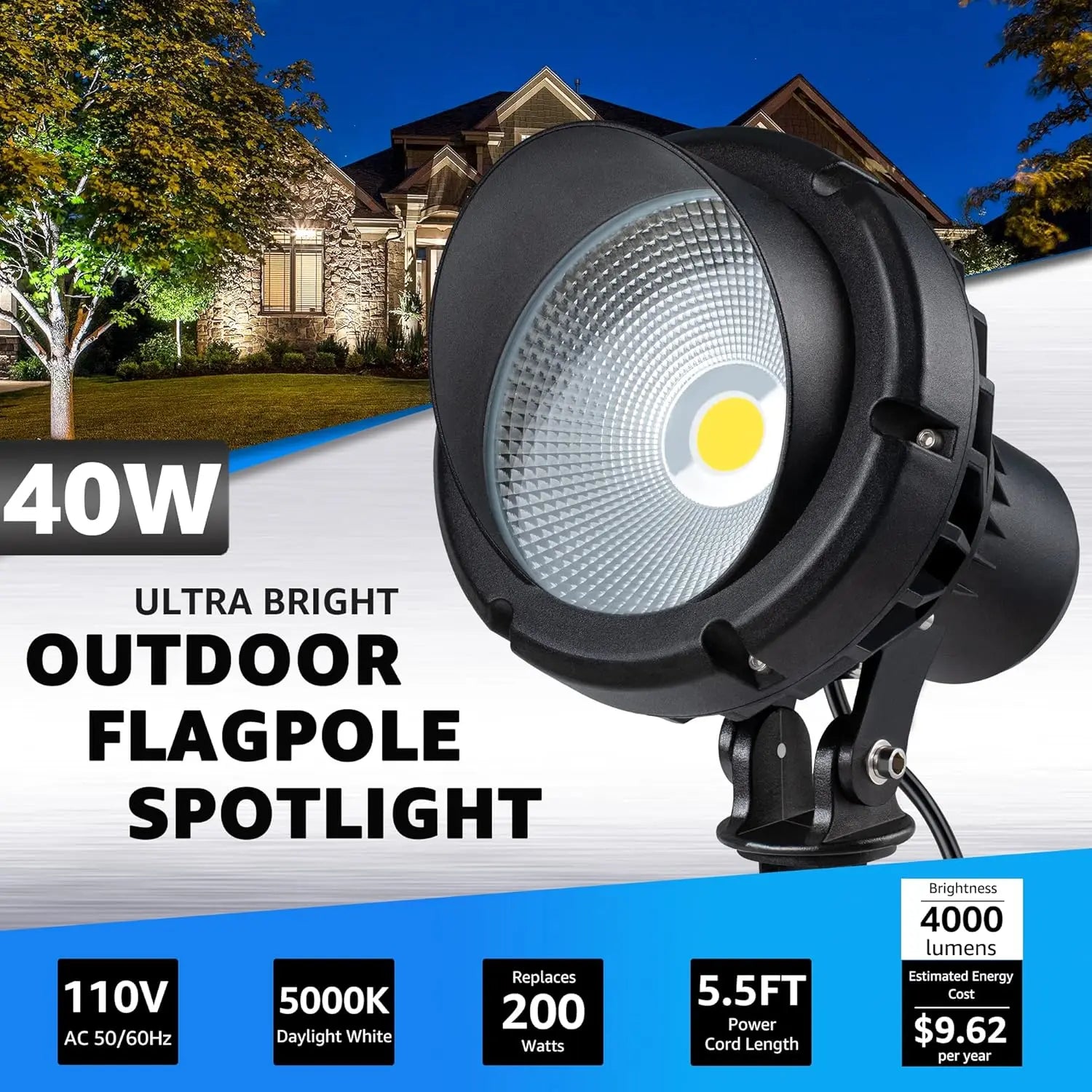 40W LED Outdoor Spotlight, 5000K Daylight White, IP65 Waterproof, Adjustable Beam for Yard Tree Flag Pole Lighting