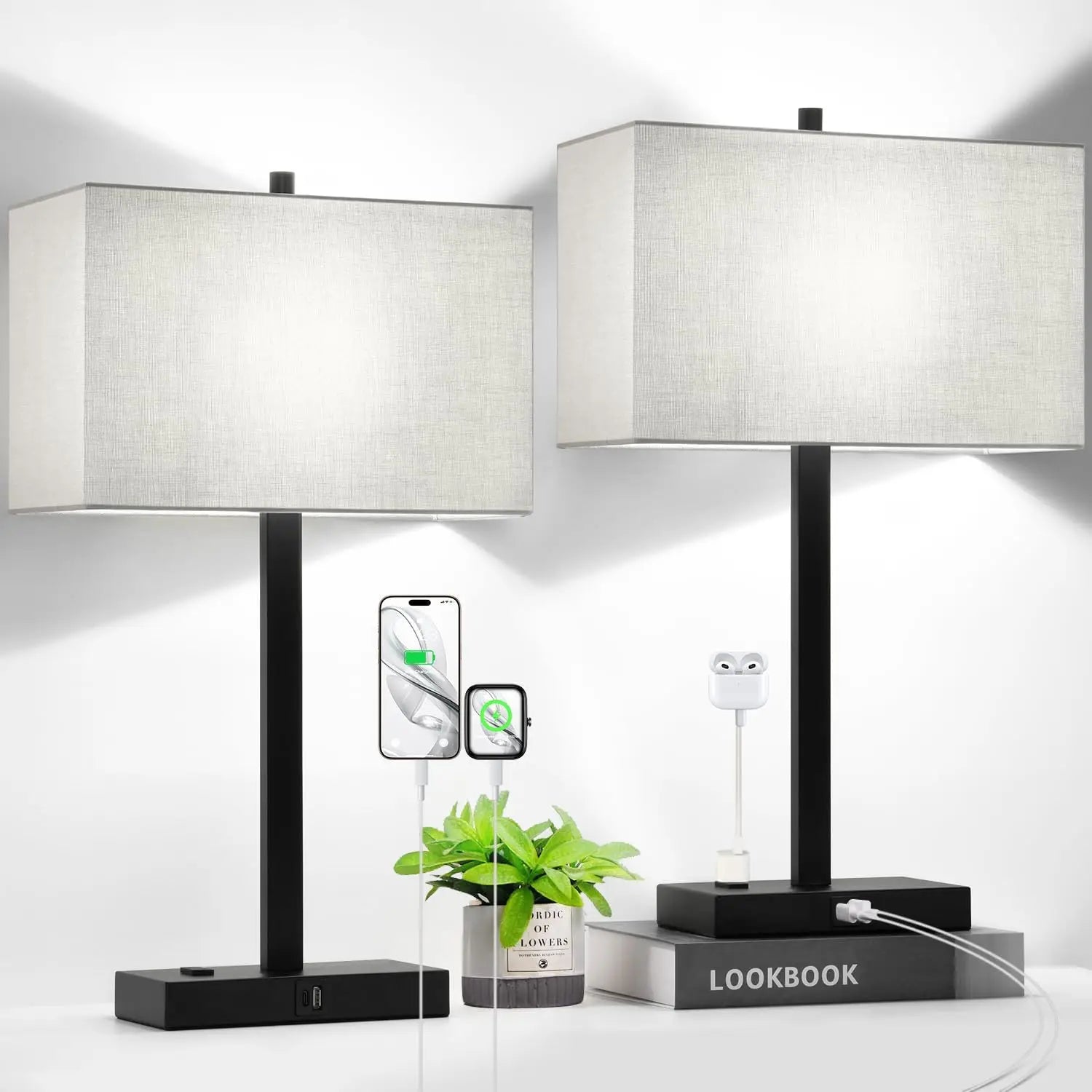 Set of 2 Dimmable Touch Bedside Lamps with USB Charging, AC Outlet, and LED Bulbs for Bedroom or Office