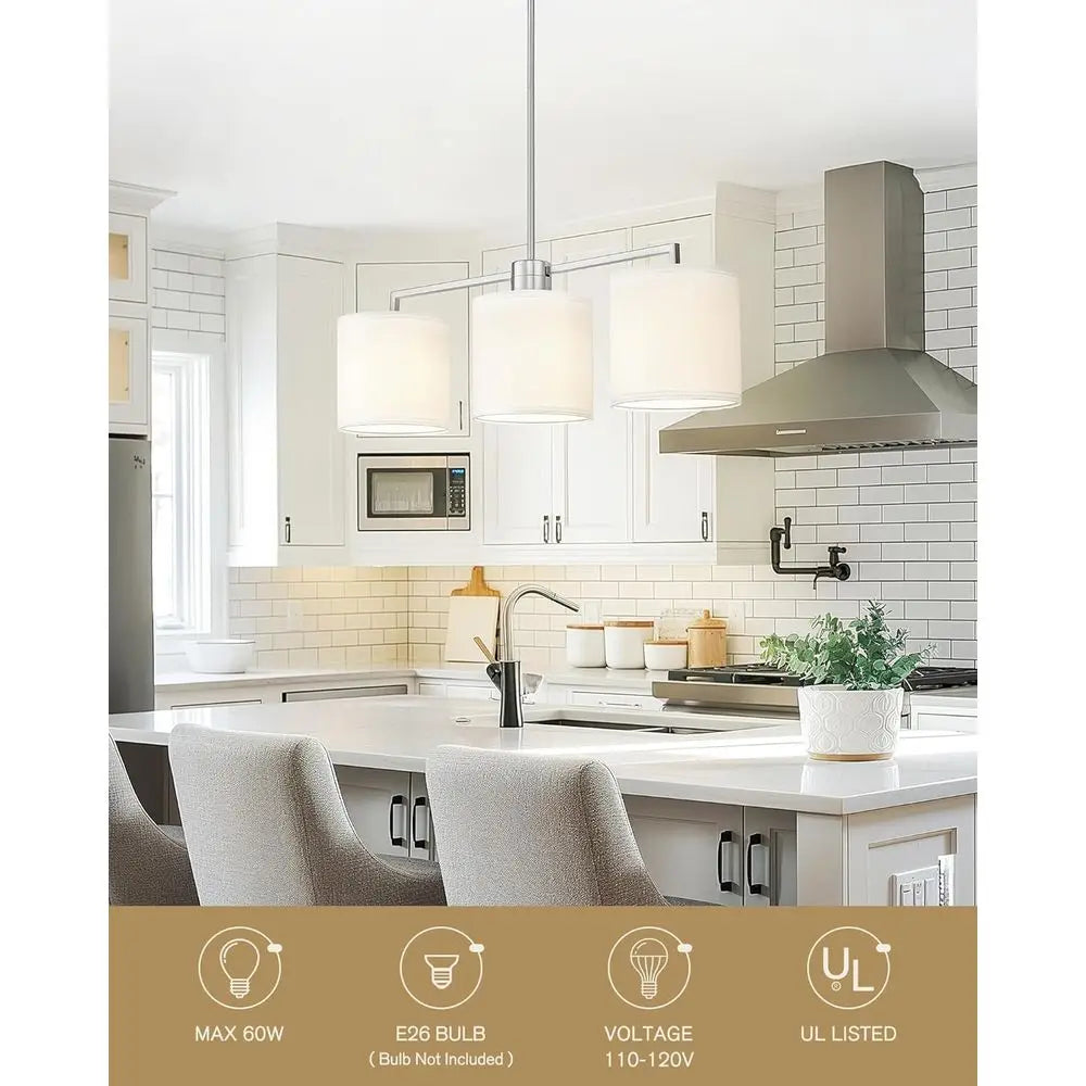 3-Light Dining Room Light ixture, Brushed Nickel Kitchen Island Lighting with Linen Drum Shade, ern Linear Chliers or Dining Roo