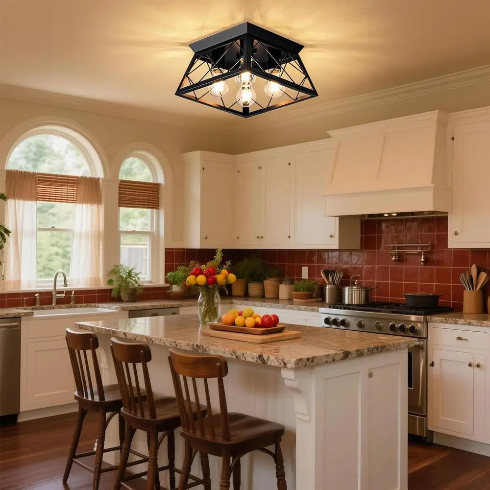 4-Lights Black Industrial Ceiling Fixture for Dining Room, Kitchen, Living Room, Hallway, Entry, Laundry - E26 Base (No Bulb)