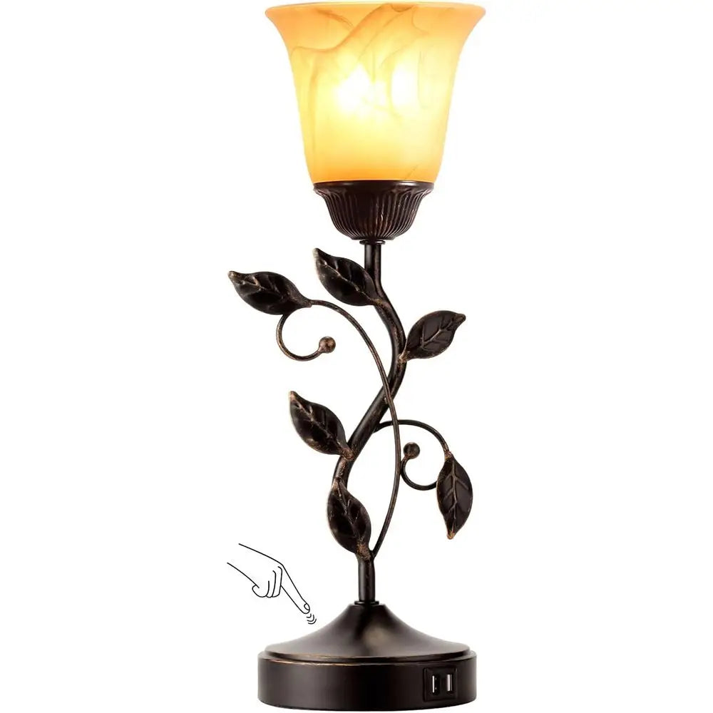 3-Way Dimmable LED Table Lamp with 2 USB Ports, Amber Glass Shade, Suitable for Living Room, Bedroom, and More (Bronze)
