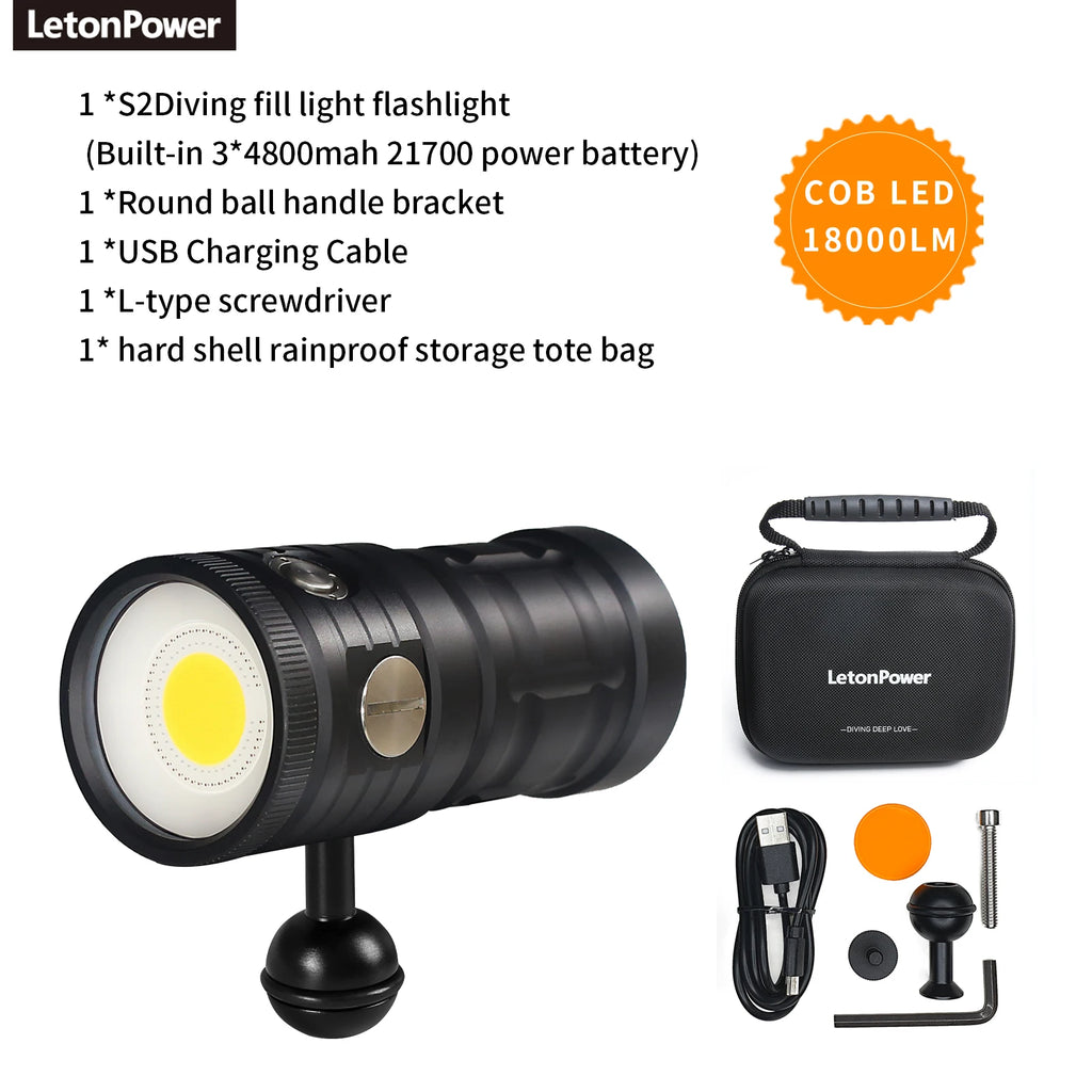 LetonPower Diving Flashlight 25000Lumens underwater flashlight 100m scuba dive light Type-C Charging underwater video light