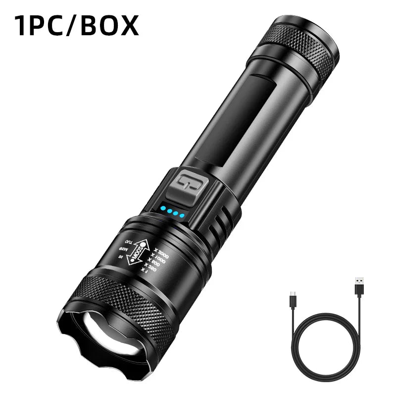 Powerful LED Flashlight Battery Display USB Rechargeable Light Telescopic Zoom Torch Lamp Outdoor Camping Fishing Lantern