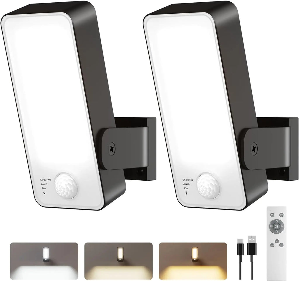 2 Pack Motion Sensor Outdoor Lights, 10000mAh Rechargeable 600 Lumen Battery Operated Wall Lights with 3 Modes and Colors