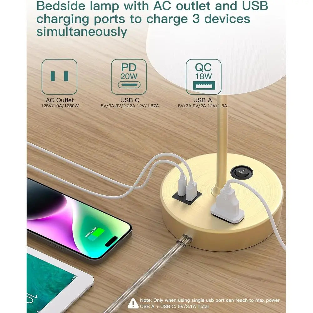 3-Way Dimmable Table Lamp with AC Outlet & USB C Charging Ports, Ideal for Bedroom, Living Room, Desk, and Home Office