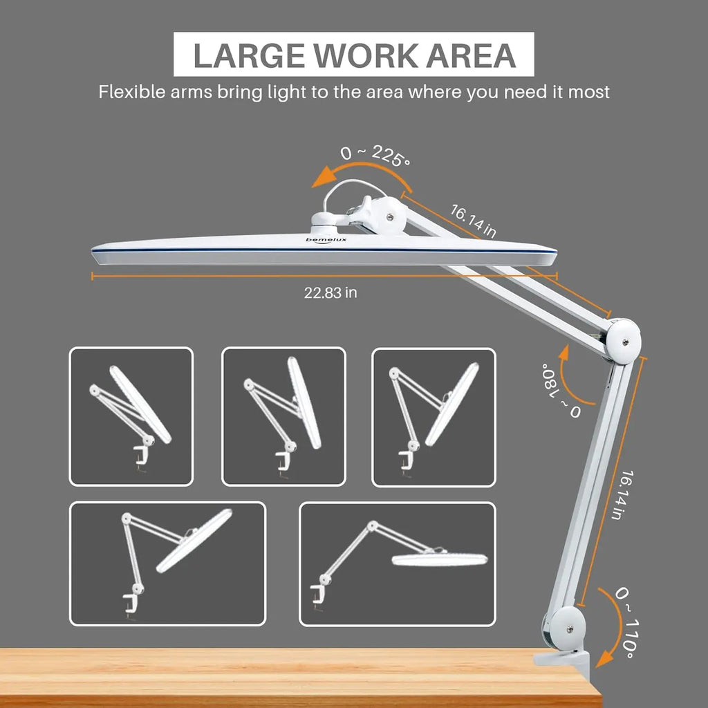 23" LED Desk Lamp with Clamp, 182 LEDs, 5 Color Temps & Brightness Levels, Dimmable Swing Arm Light