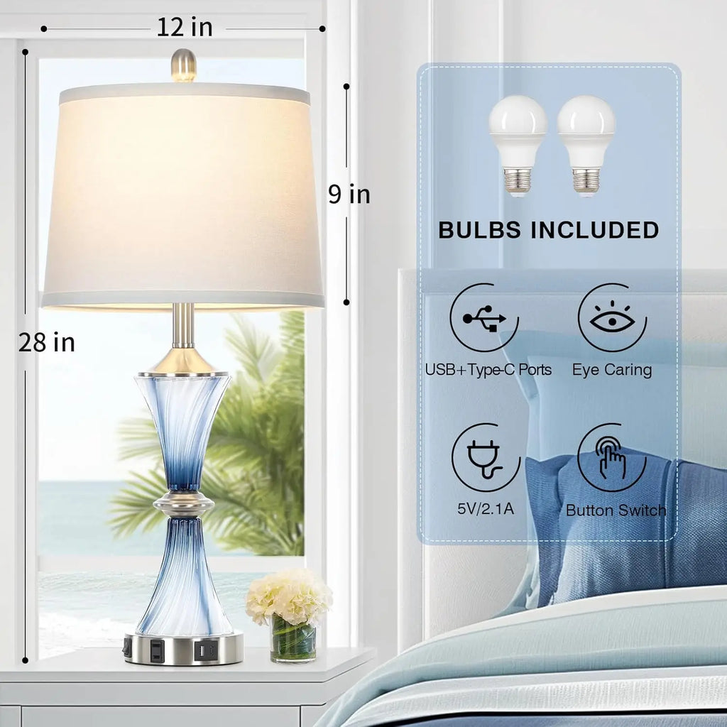 Blue Glass Table Lamp Set of 2 with USB-C & AC Outlet, Modern Bedroom Nightstand Lamp, LED Included