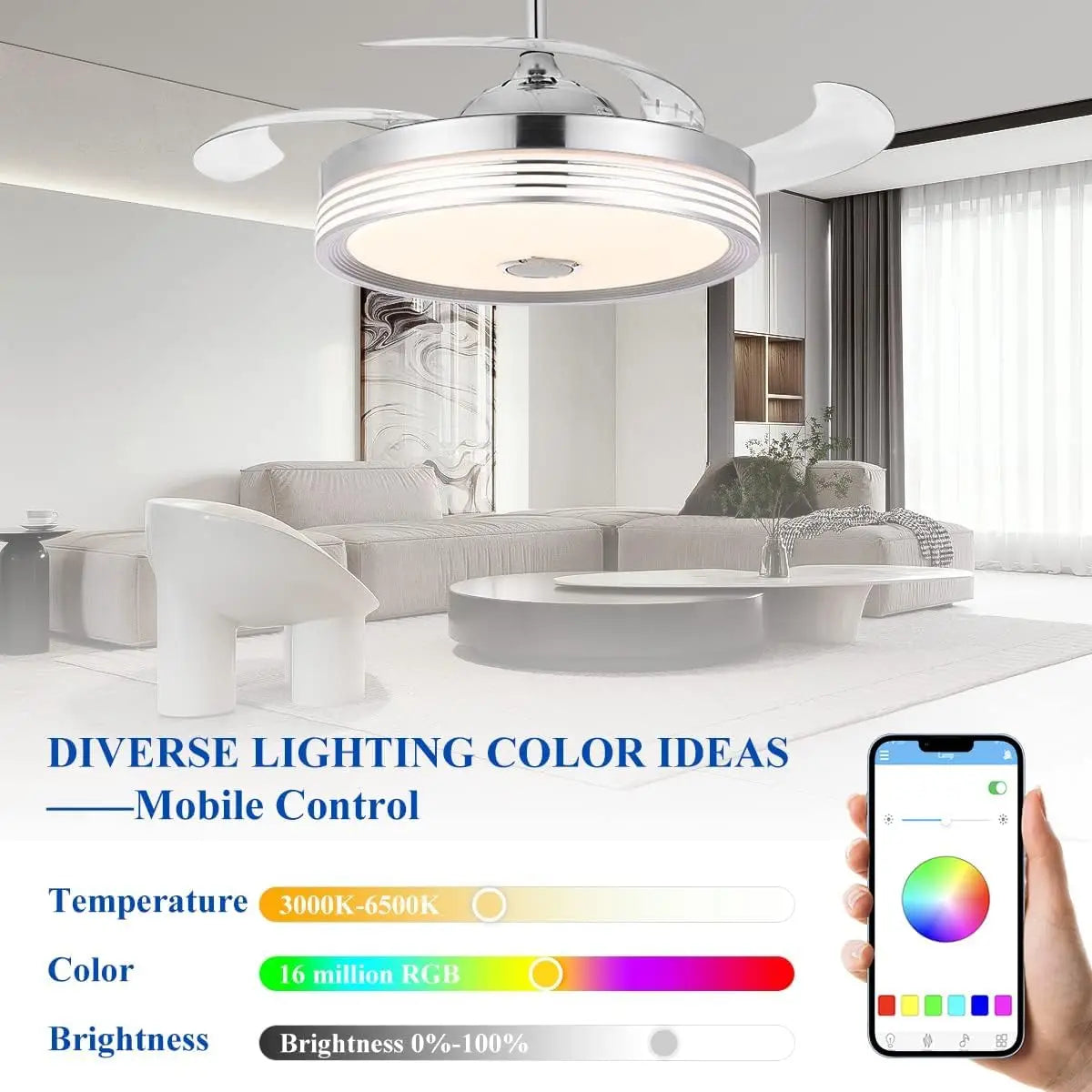 42 Inch Retractable Ceiling Fan with Lights, Remote, Bluetooth Speaker, RGB Colors for Bedroom Living Room