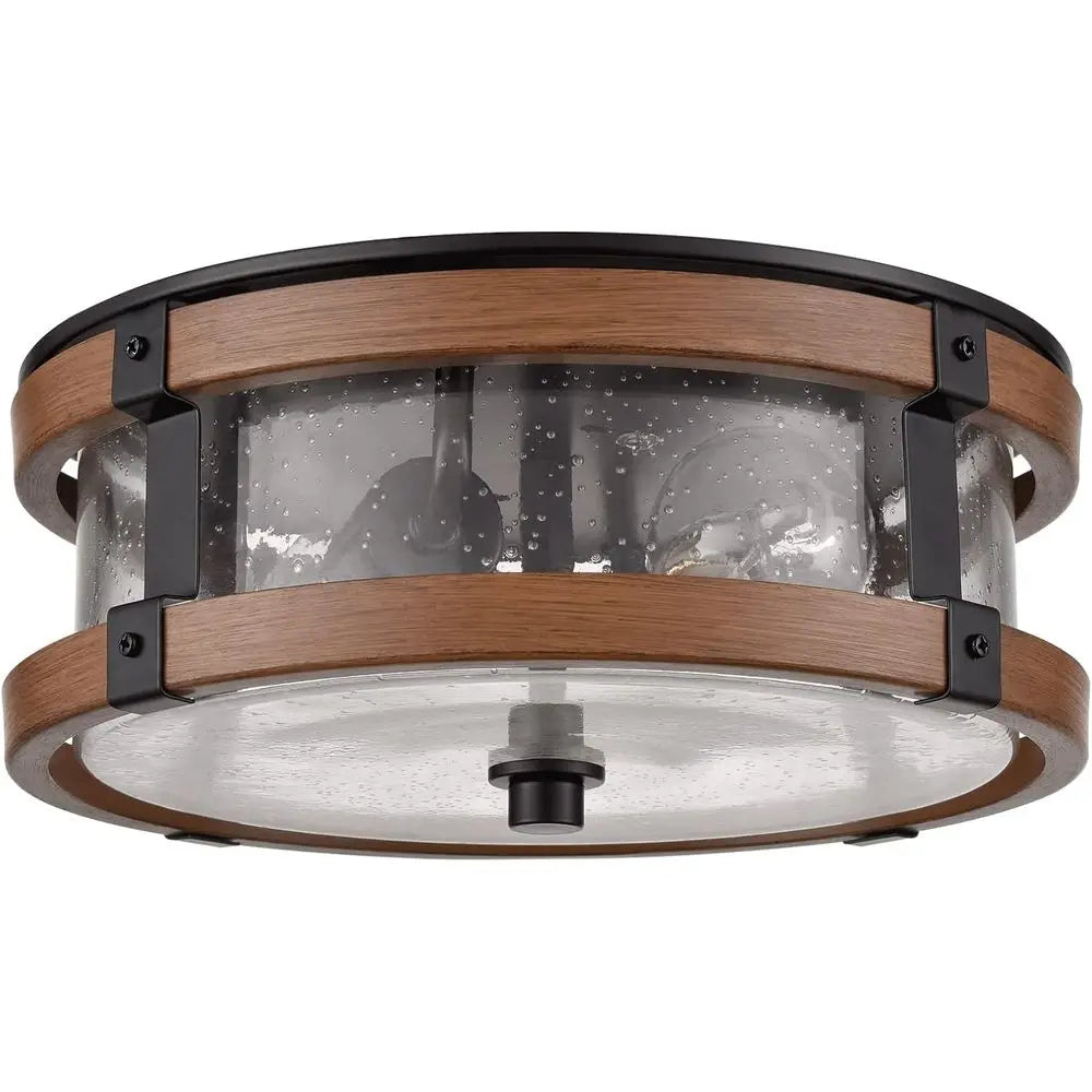 2-Light Hallway Ceiling Light in Black & Rustic Wood Grain Finish with Clear Seeded Glass Shade