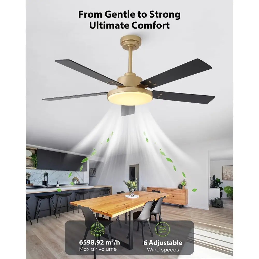 52 Inch Gold Ceiling Fan with Lights and Remote/APP, Sleek Black and Gold Ceiling Fan, ETL Listed, Indoor Outdoor Smart Ceiling