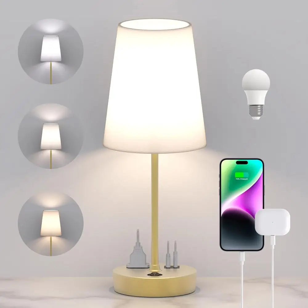 3-Way Dimmable Table Lamp with AC Outlet & USB C Charging Ports, Ideal for Bedroom, Living Room, Desk, and Home Office