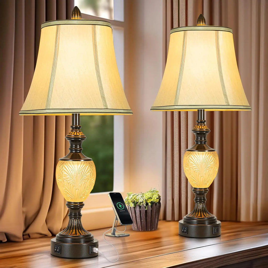27' Vintage Table Lamp Set of 2 for Living Room, Farmhouse Bedside Lamp with Fabric Shades, Boho Nightstand Lamp with USB and