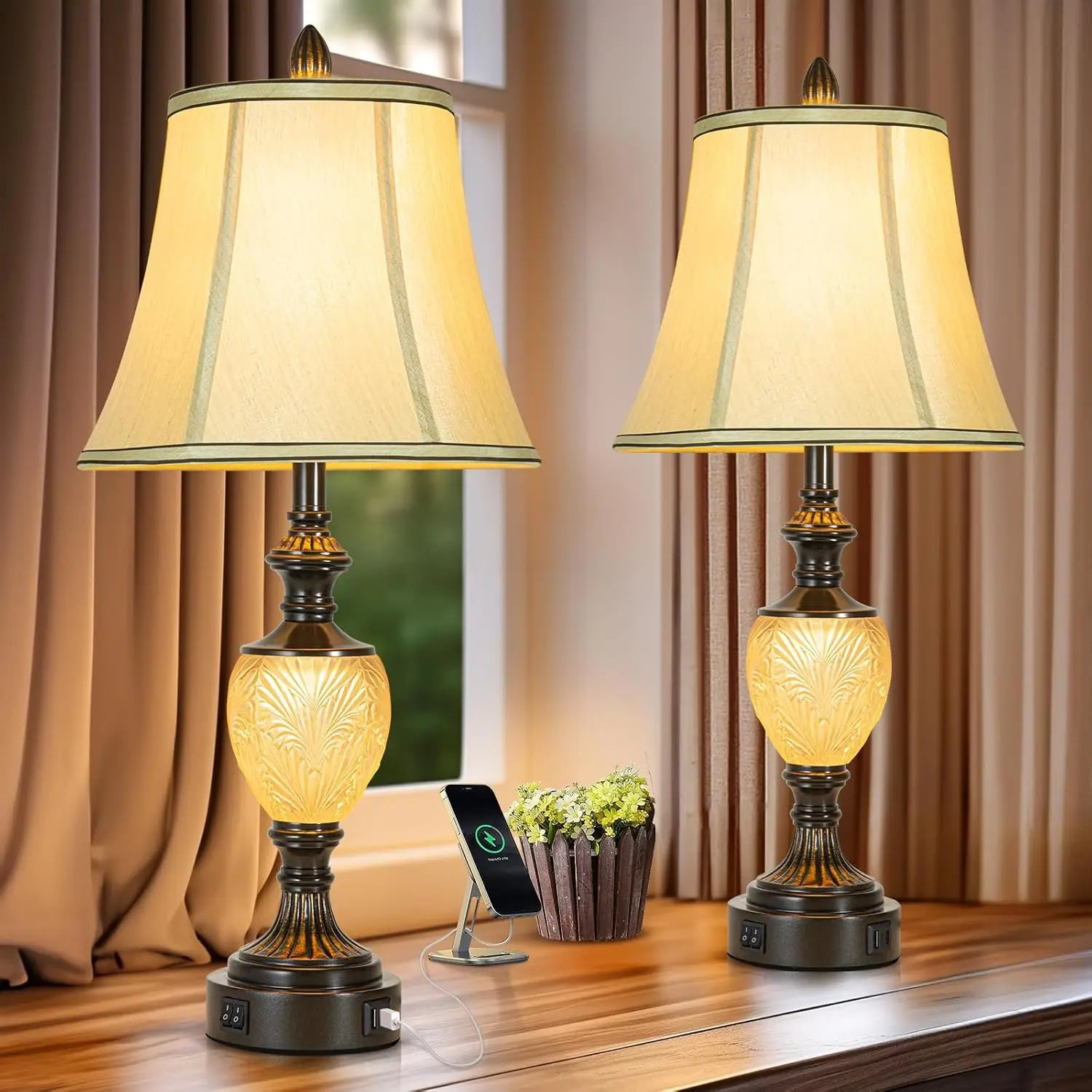 27' Vintage Table Lamp Set of 2 for Living Room, Farmhouse Bedside Lamp with Fabric Shades, Boho Nightstand Lamp with USB and