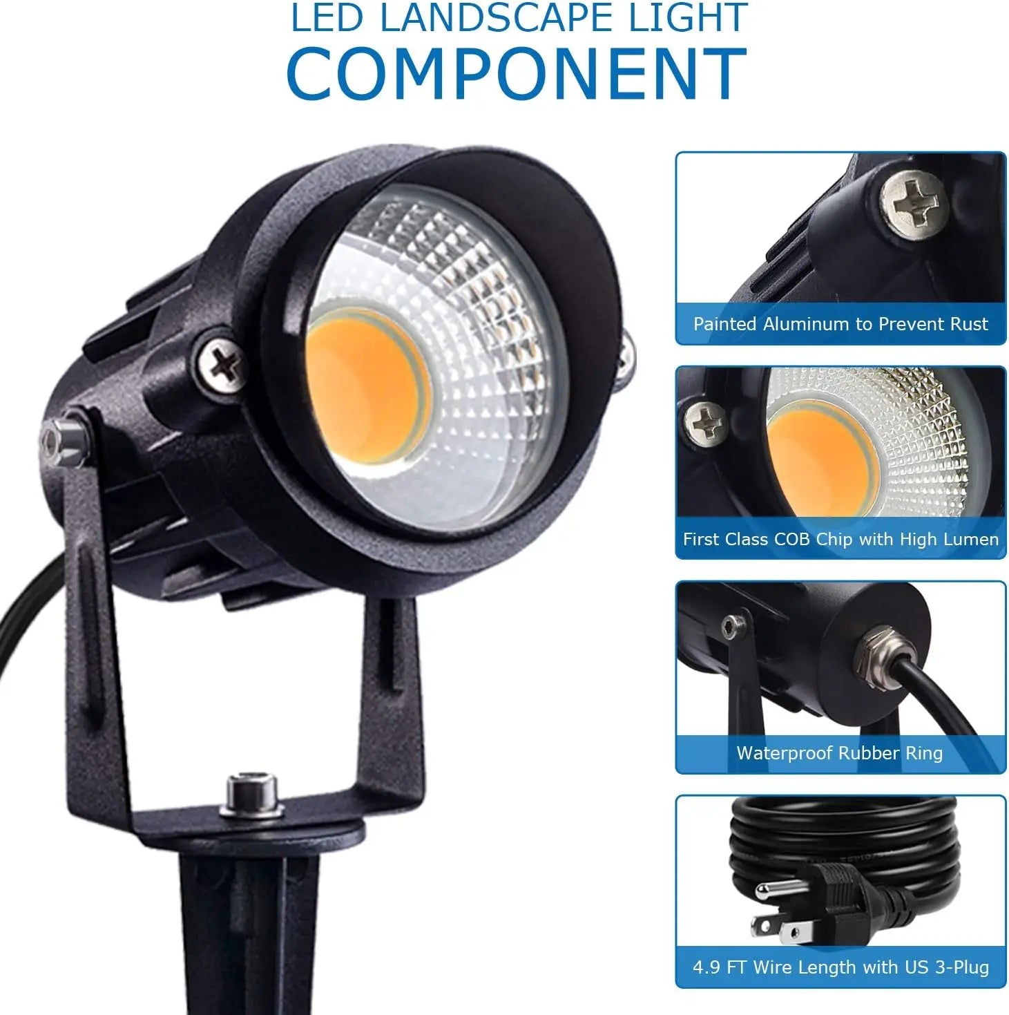 12W LED Outdoor Spotlight Waterproof Landscape Lighting Warm White Garden Lamp with US Plug (6 Pack)