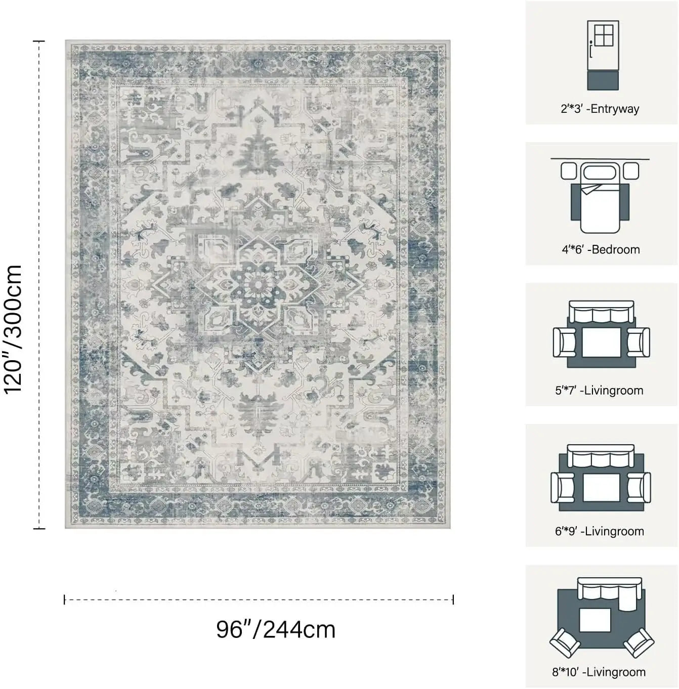8x10 Washable Vintage Boho Rug, Non-Slip Low Pile for Living Room, Office, Kids Room in Light Blue Grey