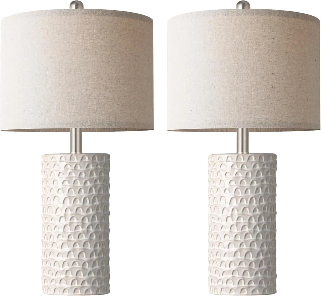 Modern Ceramic Table Lamp Set of 2, Rustic Farmhouse Nightstand Lamps for Living Room Bedroom Home Decor in White Beige