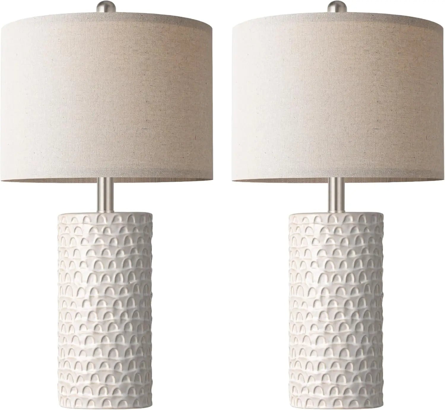 Modern Ceramic Table Lamp Set of 2, Rustic Farmhouse Nightstand Lamps for Living Room Bedroom Home Decor in White Beige