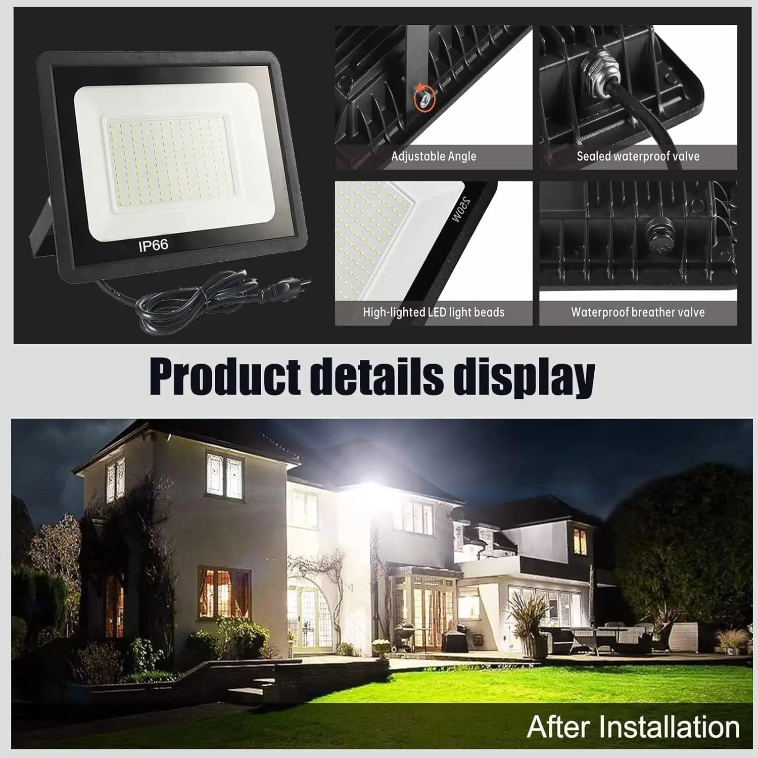 100W LED Flood Light, 11000lm Super Bright, IP66 Waterproof Outdoor Security Light with US Plug for Yard Playground