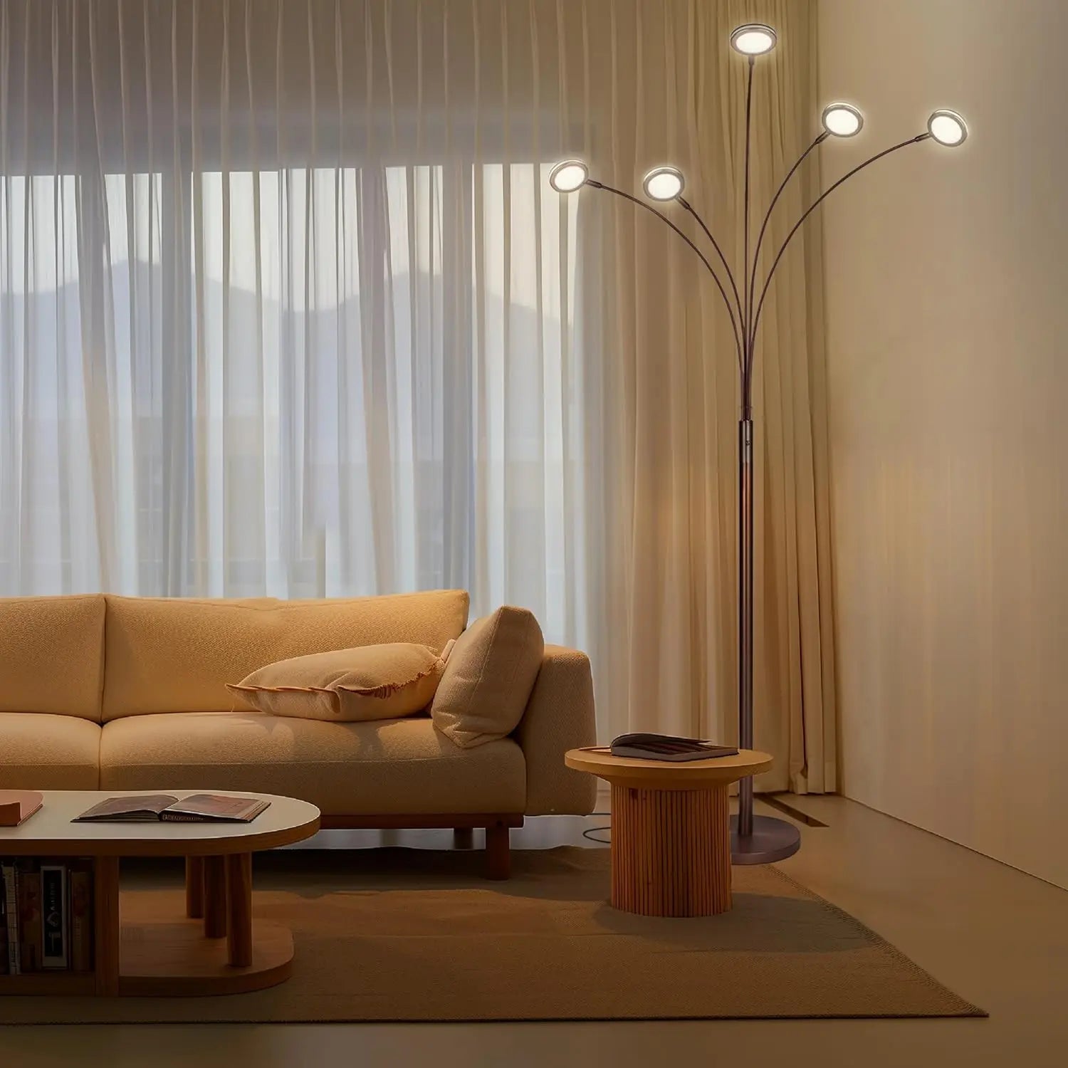 5-Arm Adjustable Arc Floor Lamp with Rotating LED Lights for Living Room and Bedroom - Bronze