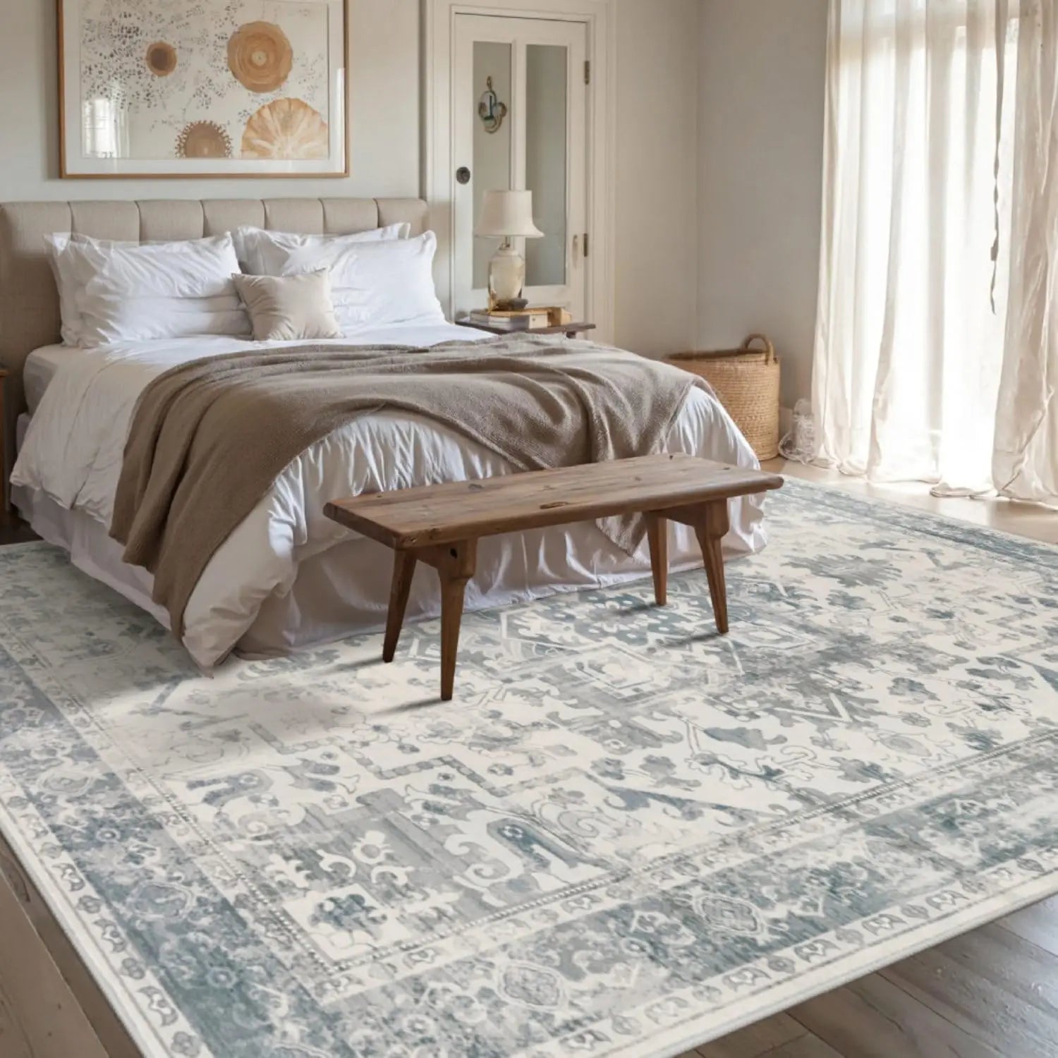 8x10 Washable Vintage Boho Rug, Non-Slip Low Pile for Living Room, Office, Kids Room in Light Blue Grey