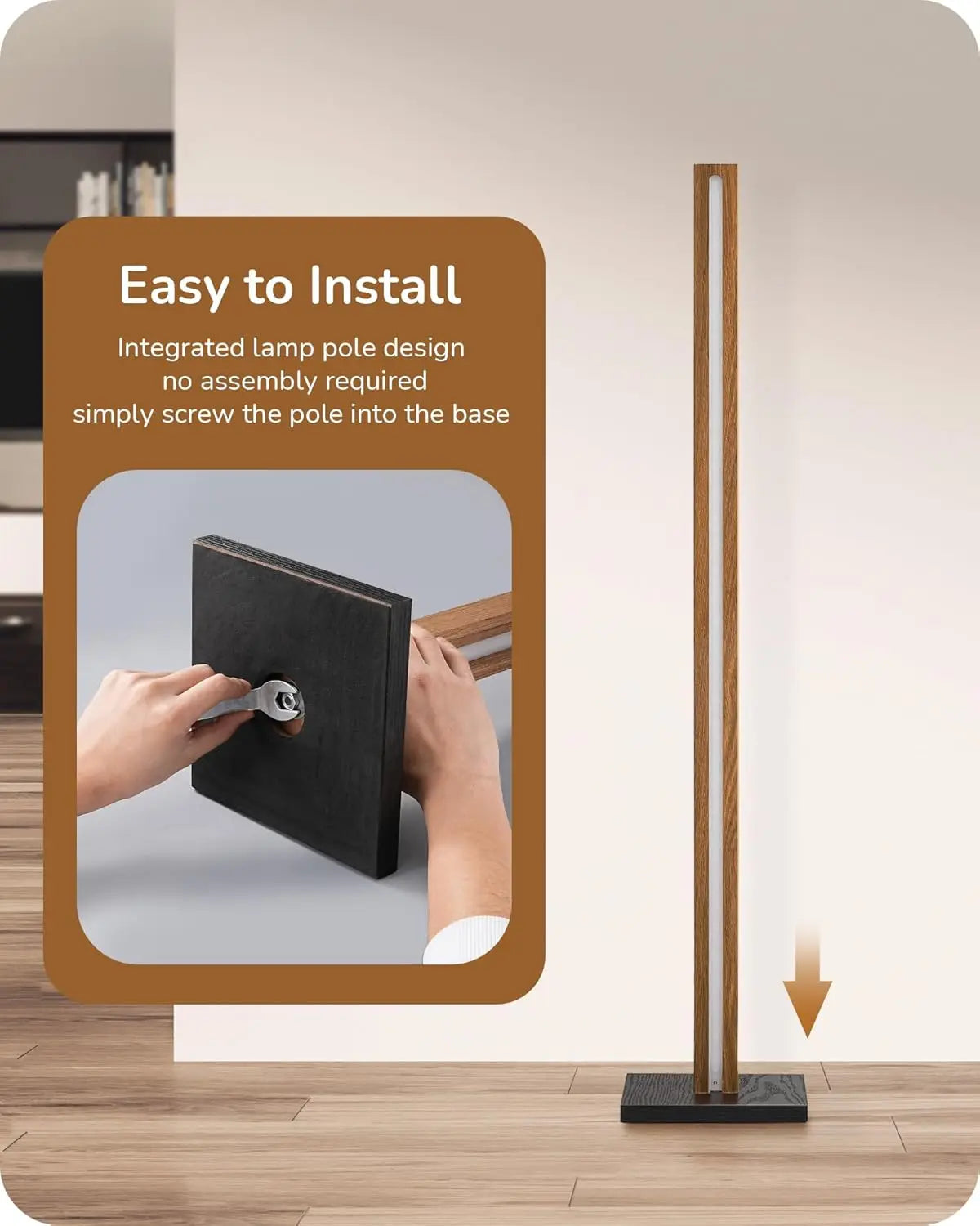 Modern Dimmable Floor Lamp with Remote, Wood LED Corner Light for Living Room, Bedroom, Office, 7 Color Temperatures