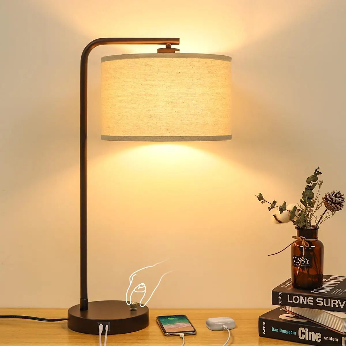 Modern Tall Table Lamp with USB C+A Ports, Fully Stepless Dimmable for Bedroom, Living Room, Office, Includes 9W 3000K LED Bulb