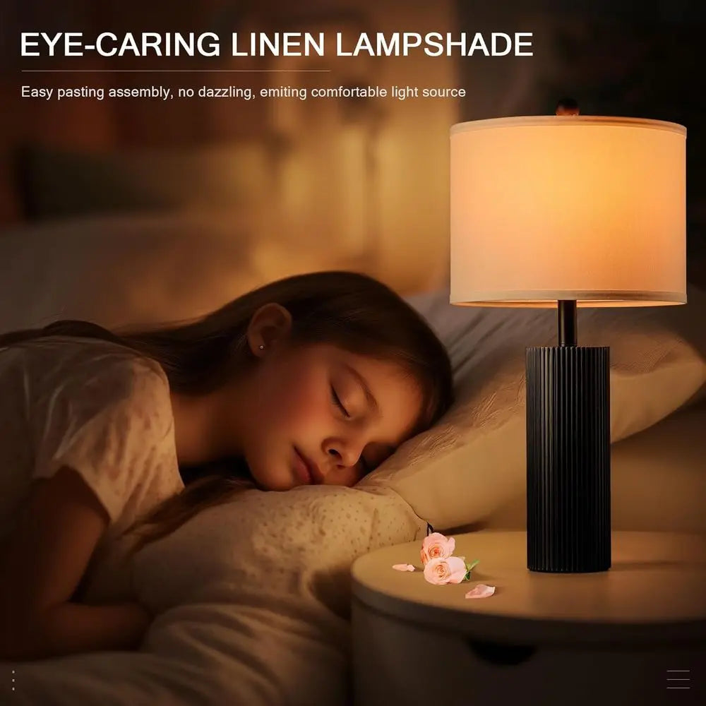 Pair of 24.5 Modern Table Lamps with USB & Charging Ports for Living Room, Stripe Touch Control, 2 Bulbs Included