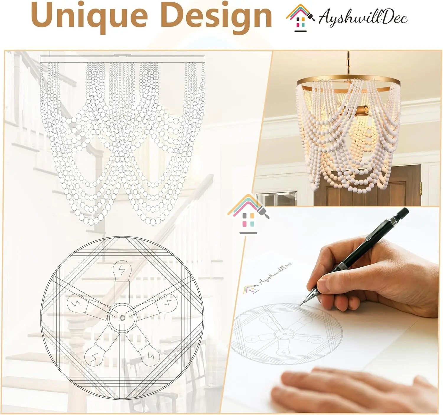 Boho Wood Beaded Chandelier with 5 Lights in Gold and Oak Finish for Dining, Living, Bedroom
