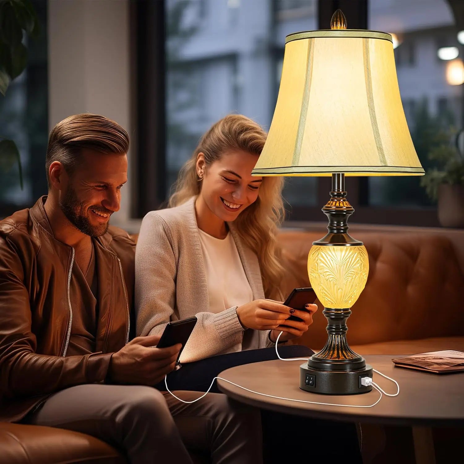 27' Vintage Table Lamp Set of 2 for Living Room, Farmhouse Bedside Lamp with Fabric Shades, Boho Nightstand Lamp with USB and