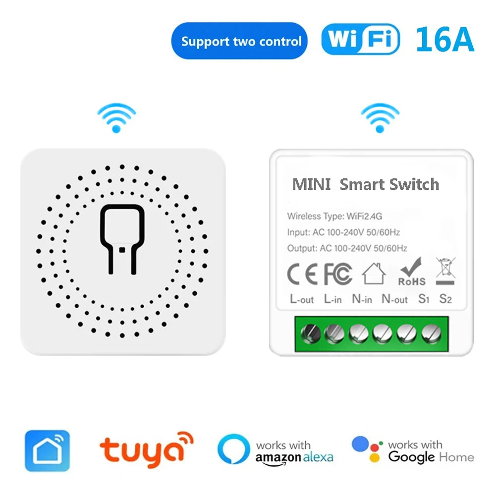 Tuya WiFi Smart Switch 16A  Module 2-way Control Mini Switch Breaker Smart Life Work With Alexa Google Alice