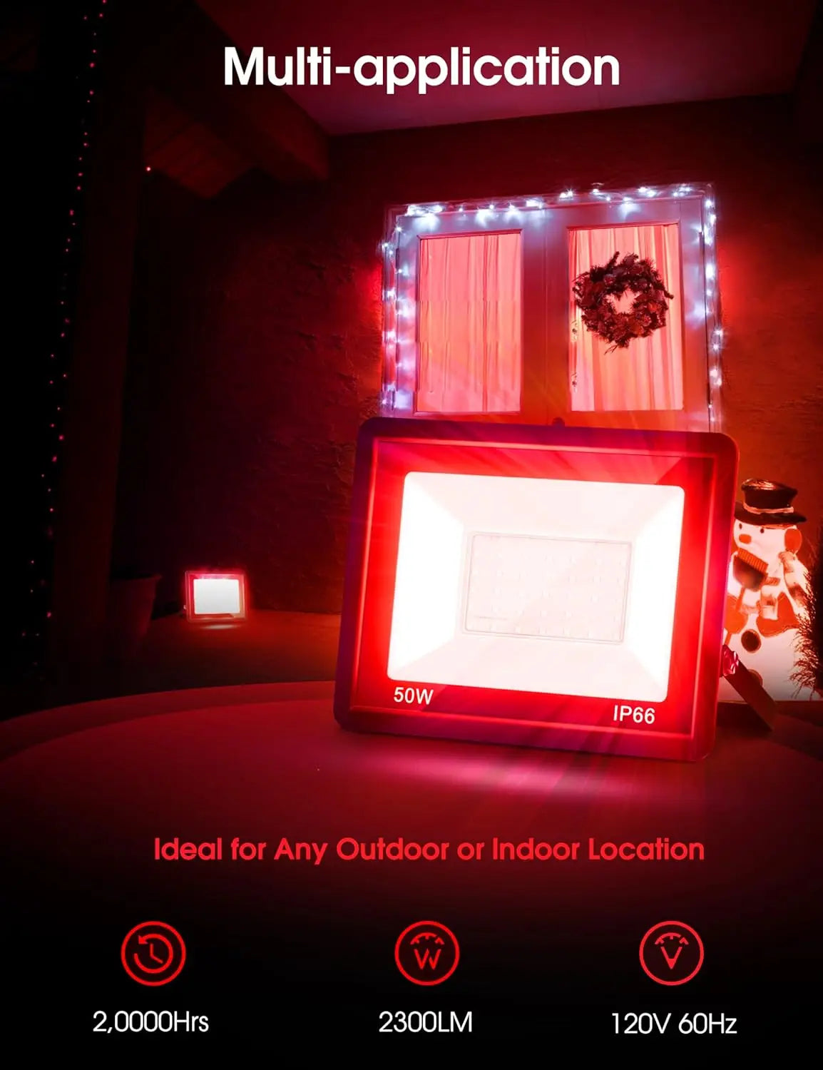 50W Red LED Flood Light with Dusk to Dawn Sensor, IP66 Waterproof for Outdoor Christmas Decor, UL Listed, 2 Pack