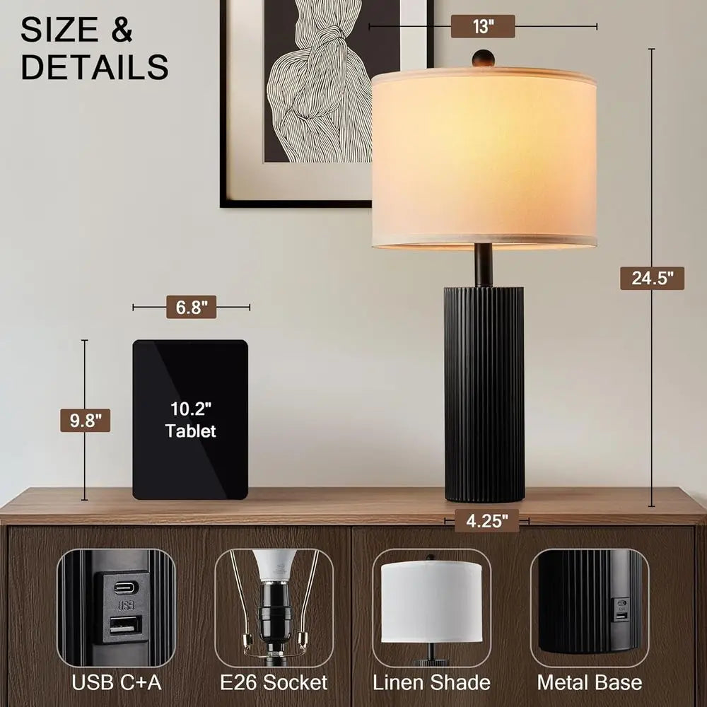 Pair of 24.5 Modern Table Lamps with USB & Charging Ports for Living Room, Stripe Touch Control, 2 Bulbs Included