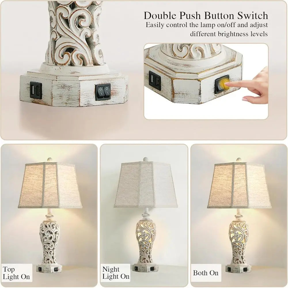 Pair of Rustic Table Lamps with USB Ports, Vintage Nightstand Light for Living Room or Bedroom, Hollow Resin Design, Includes Bu