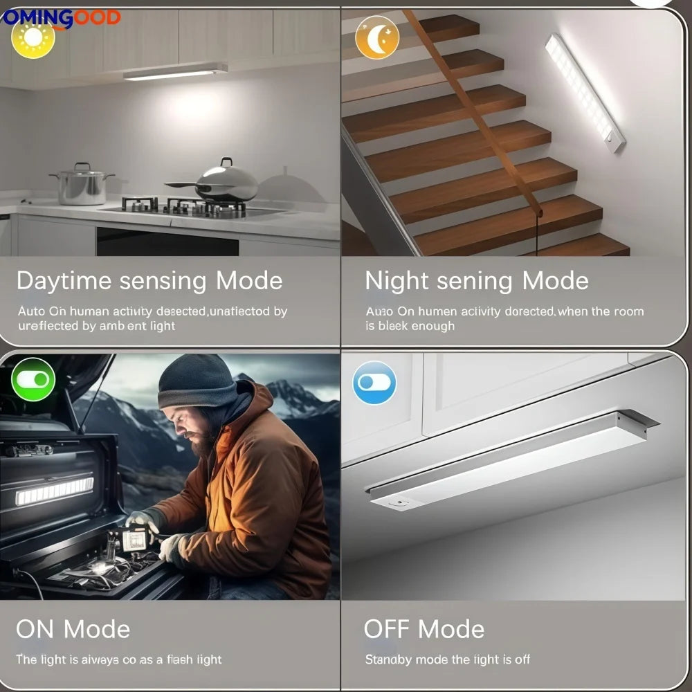 Motion Sensor Wireless LED Night Light USB Rechargeable Long Strip Bar Lamp for Kitchen Cabinet Wardrobe Bedside Staircase Tube