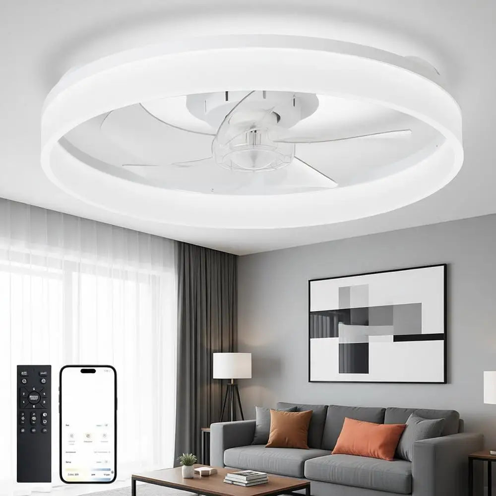 20 Lush Mount Low Profile Ceiling Fan with APP Remote Control - White LED Dimmable Quiet DC Motor for Bedroom Living Room
