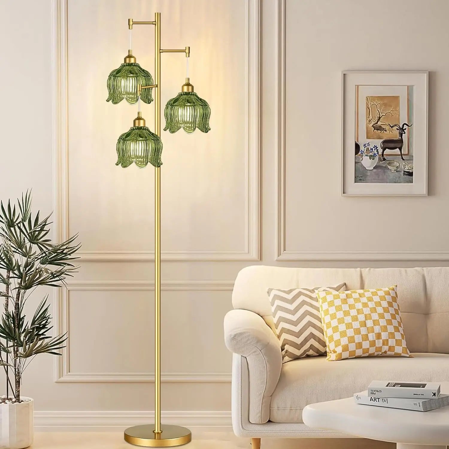 Vintage Gold Glass Floor Lamp with Green Shade, Adjustable 3-Light Tree Design for Living Room Bedroom Decor