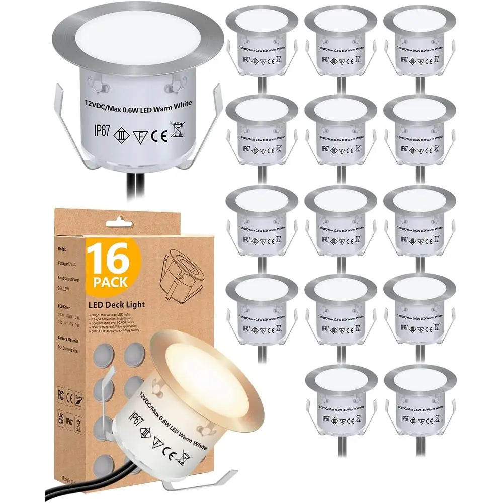 Reced LED Deck Light Kits(16Pack), 12V Low age Landse Lighting IP67 Waterproo Outdoor Step Stair Lights Warm White Deck Lighting