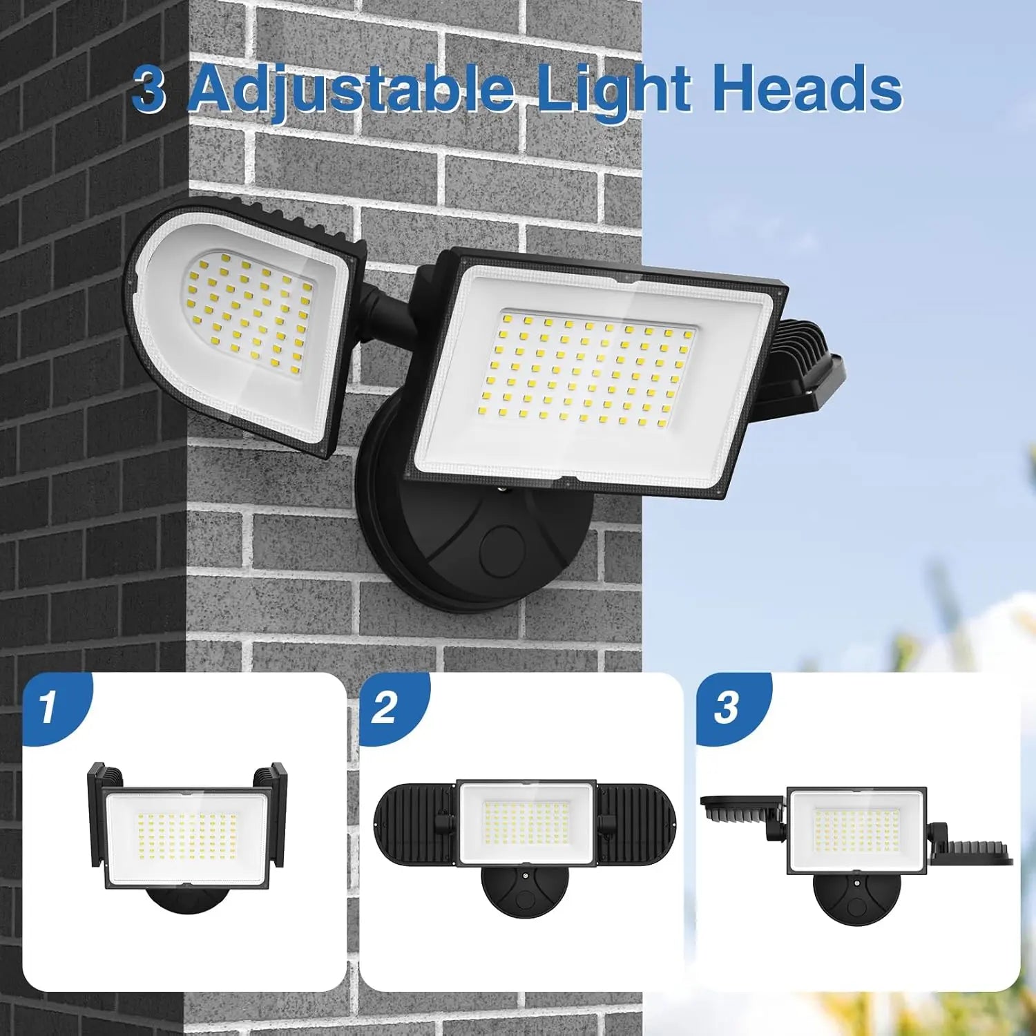 150W LED Flood Light Outdoor Waterproof IP65, 3 Adjustable Heads, 15000LM Super Bright Security Lighting for House Backyard