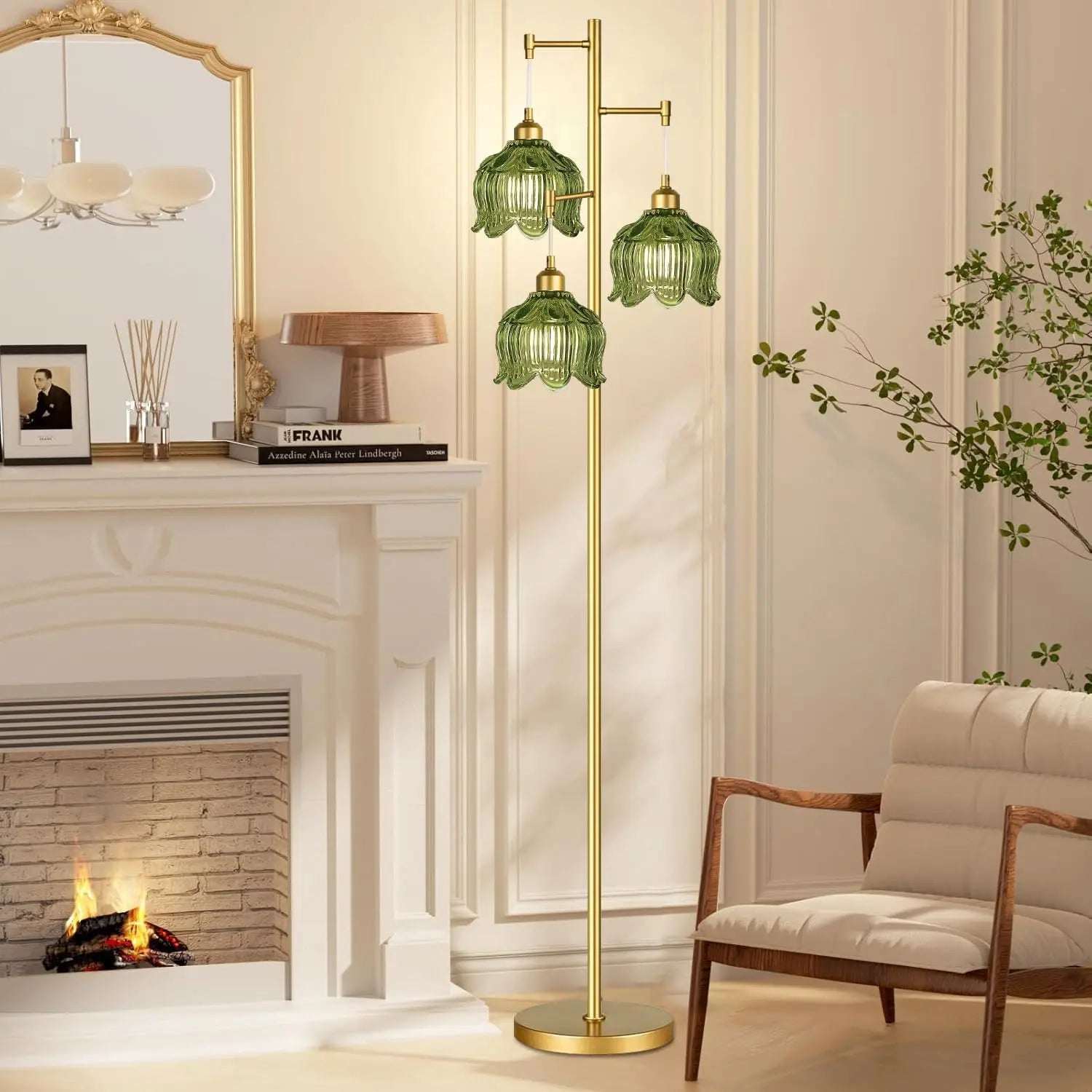 Vintage Gold Glass Floor Lamp with Green Shade, Adjustable 3-Light Tree Design for Living Room Bedroom Decor