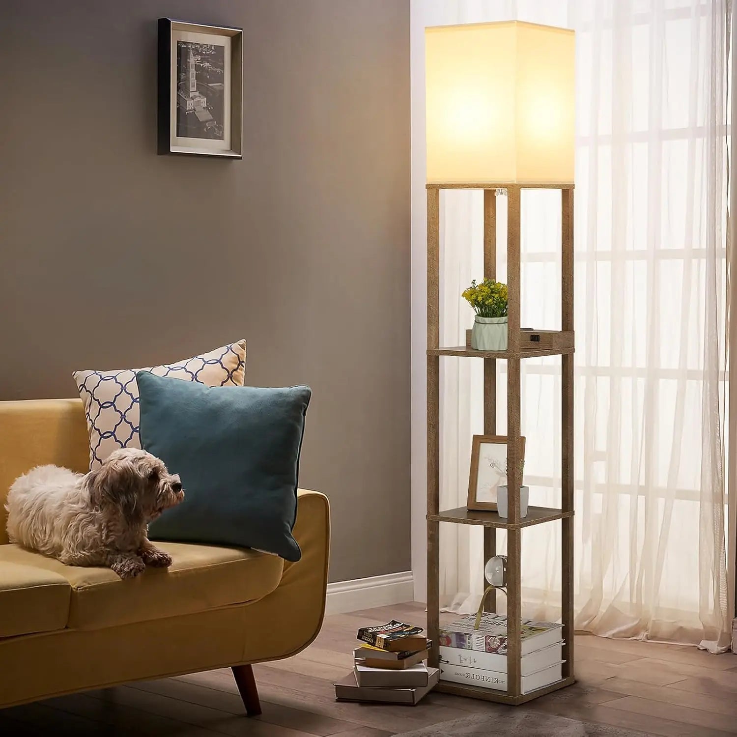 Modern Shelf Floor Lamp with Wireless Charging, USB Ports, and Outlets for Bedroom Storage