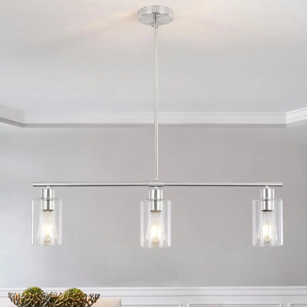 3 Lights Kitchen Island Lighting Brushed Nickel Pendant Light ixtures with Glass Shade 31" Dining Room Chliers Adjustable Height