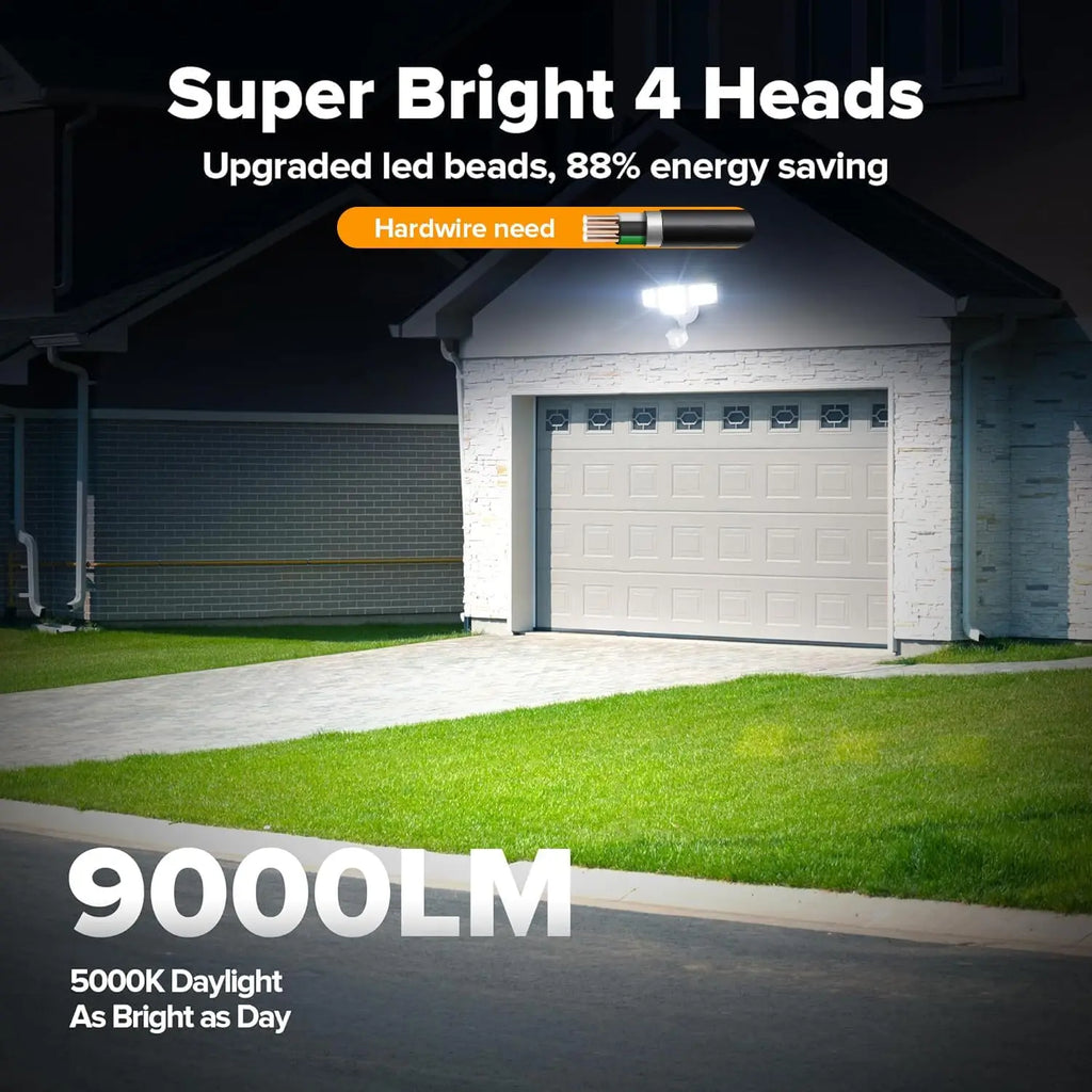80W 9000LM LED Security Light with Motion Sensor, 4 Head Outdoor Flood Lights IP65 Waterproof for Garage Yard