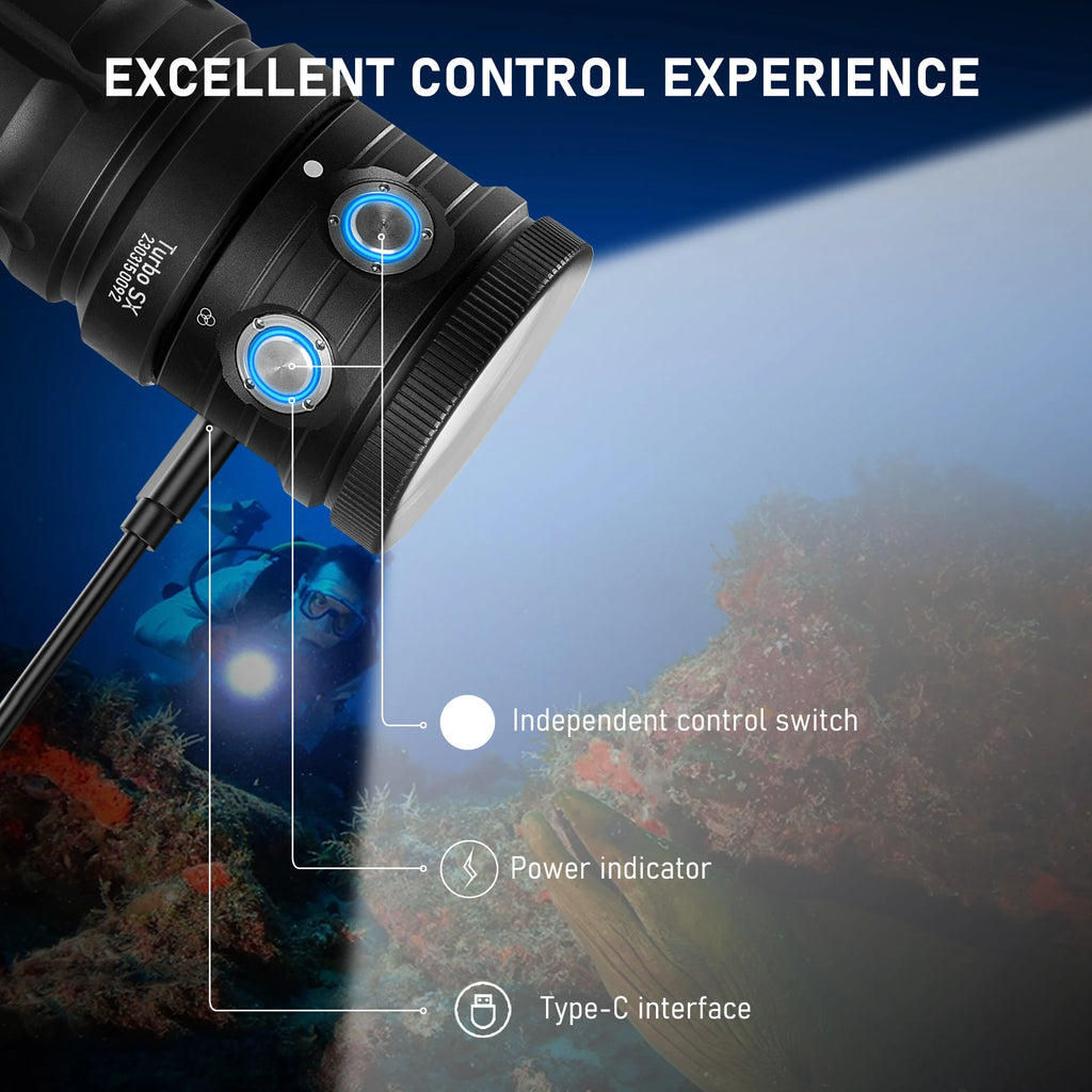 LetonPower Diving Flashlight 25000Lumens underwater flashlight 100m scuba dive light Type-C Charging underwater video light
