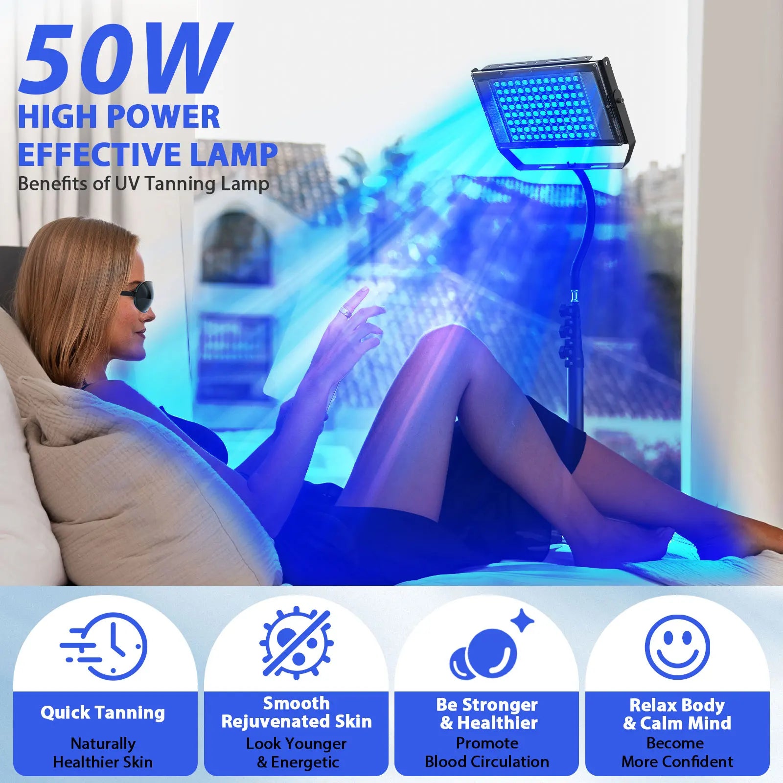 Ultraviolet Tanning Lamp 50W Tripod Solarium Lamp for Tanning Body 48PCS Blue Light Lamp Wavelength 460nm & 480nm Skin care