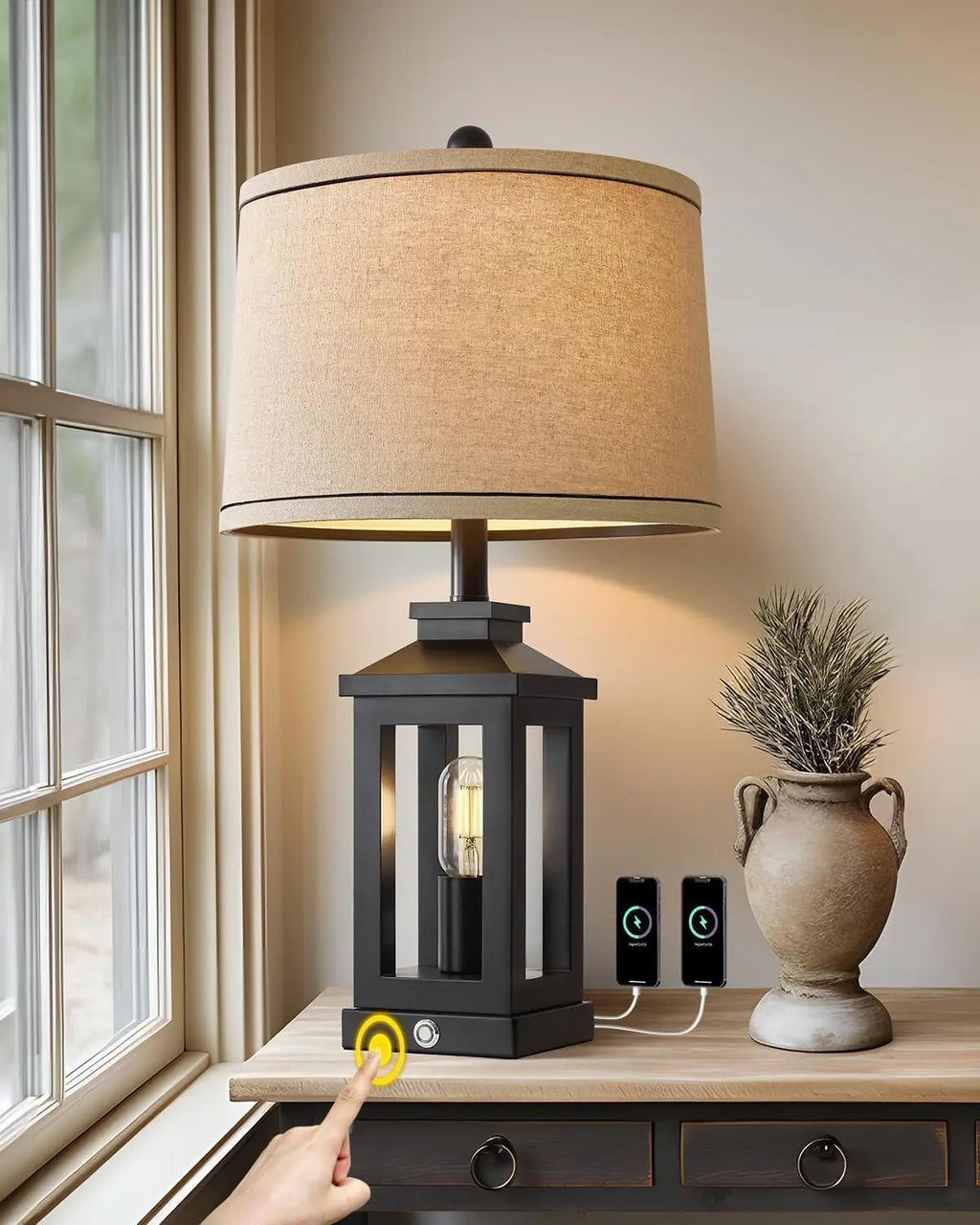 23.75" Vintage Farmhouse Black Table Lamp with Touch Control, USB C+A Ports, Dual Light for Bedroom Living Room